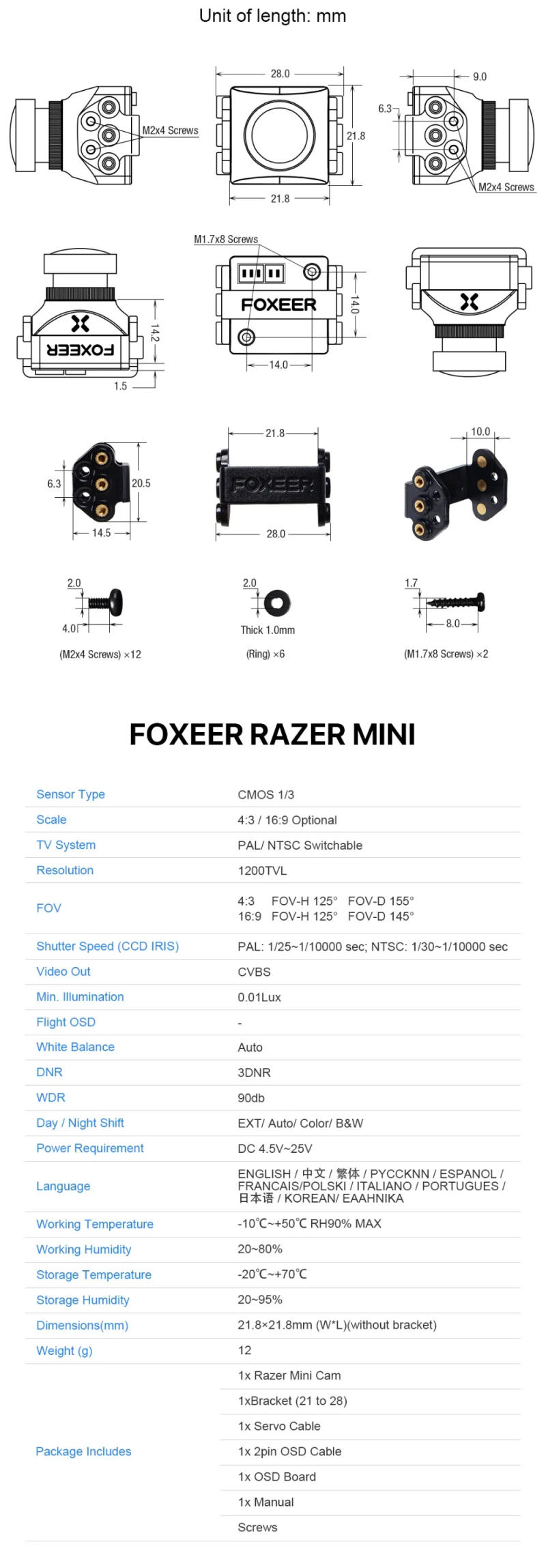 Description Picture 5 of itemFoxeer Razer Mini HD 5MP 2.1mm M12 Lens 1200TVL Standard FPV Camera 4:3/16:9 NTSC/PAL Switchable 4ms Latency Camera