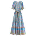 Boho Queens Women Lace-up button Floral Print Beach Bohemian Maxi Dress Ladies Short Sleeve Summer Dresses Robe Vestidos