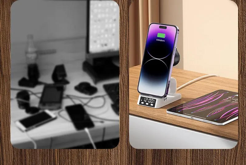 Description Picture 4 of item4 In 1 Wireless Charger Stand Pad Alarm Clock Foldable Fast Charging Station Dock for iPhone 14 13 12 11 Apple Watch Airpods Pro