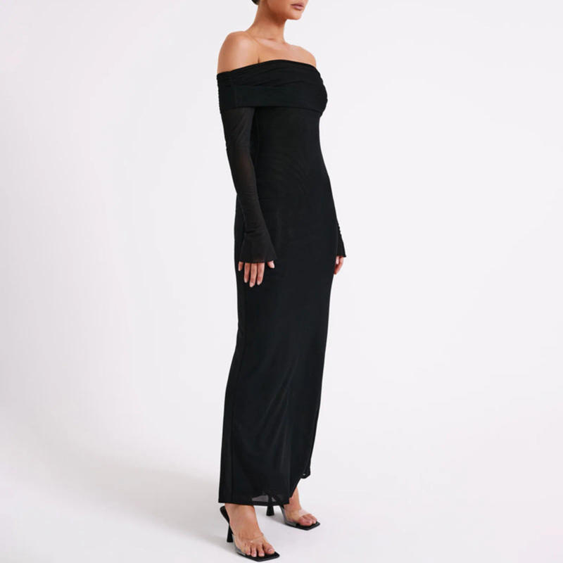 Description Picture 3 of itemWomen Long Sleeve Dress Spicy Girl Slash Neck Tunic Long Dress Slim Fit Waist Maxi Dress Solid Color Backless Vacation Outfit