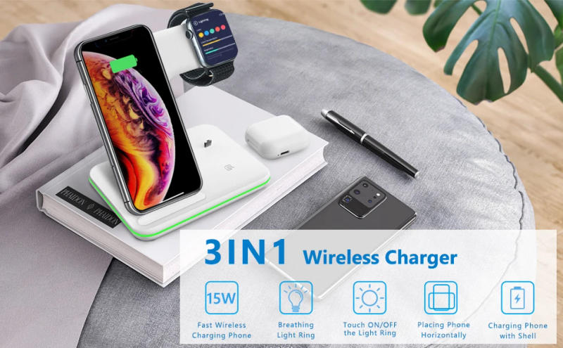 Description Picture 2 of itemWireless Charger Stand 3 in 1 15W Fast Charging Dock Station for AirPods Pro Apple Watch 7 6 SE 5 4 iPhone 14 13 12 11 XS X 8