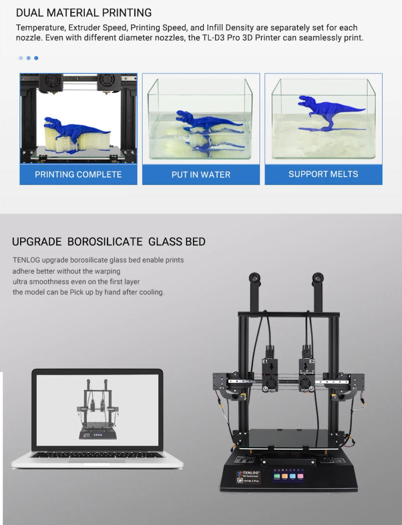 Description Picture 2 of itemTENLOG Hands 2 Pro Independent Dual Extruder 3D Printer,300 Degree high Temperature,Upgrade Borosilicate Glass Bed With TMC2208