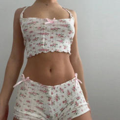 2 Piece Set Pajamas Fairy Cute Bow Crop Tops 90s Vintage Floral Print Backless Camis + Shorts 00s Aesthetics Grunge Y2K Homewear