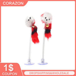 Mouse Toy Spring Cartoon Feather Rod Interactive Cat Toy Mouse Cat Toy Pet Cat Toy Stick With Mini Bell Sucker