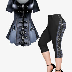 Plus Size Outfits Zipper Grommets Appliques Denim Pentagram Heart Plaid Colorful 3D Print T-shirt Or Leggings Matching Set XS-6X