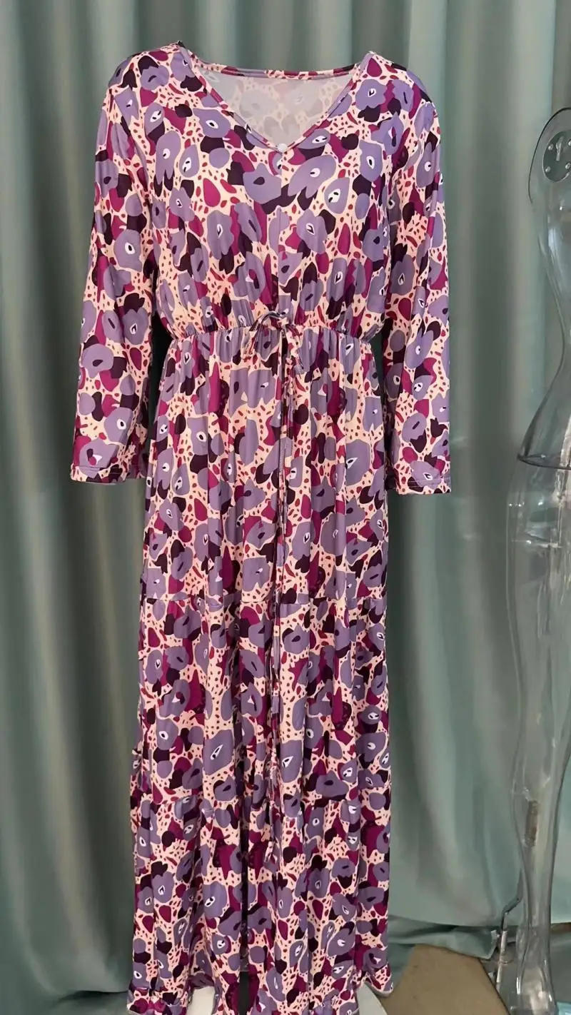 Description Picture 3 of itemWomen Floral Print Long Dress Summer Casual V-Neck Half Sleeve Loose Big Swing Dress Female Vintage Bohemian Beach Maxi Dresses