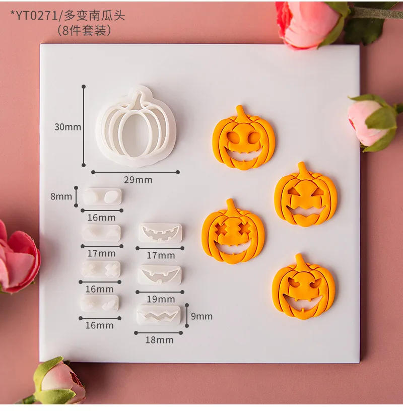 Description Picture 3 of item8Pcs DIY Modifiable Eyes & Mouth Halloween Pumpkin Head Mini Clay Molds Polymer Clay Cutters Hand Tools Earrings Makings
