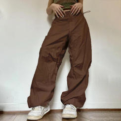 Women Solid Joggers Tech Pants Autumn Low Waist Punk Hip Hop Baggy Trousers Streetwear Casual Drawstring Wide Leg Cargo Pants