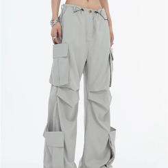 QWEEK Cyber Y2K Gray Cargo Pants Women Oversized Hip Hop Streetwear Wide Leg Parachute Trousers Egirl Harajuku Pockets Pantalon