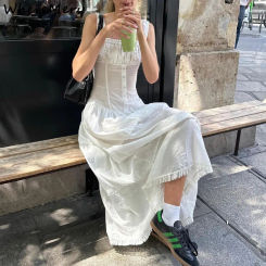 WhereMery Simple Elegant Square-neck White Maxi Dress Summer Slim Lace Up Sleeveless Dress French Party Beachwear Casual Vestido