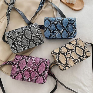 Women Fashionable Faux Leather Snake Print Shoulder Pouch Square Crossbody Bag