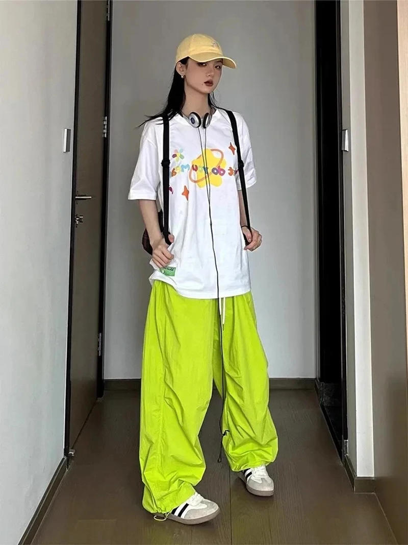 Description Picture 4 of itemDeeptown Y2K Green Parachute Pants Women Oversized Korean Style Wide Leg Track Trousers Streetwear Harajuku Hip Hop Sweatpants