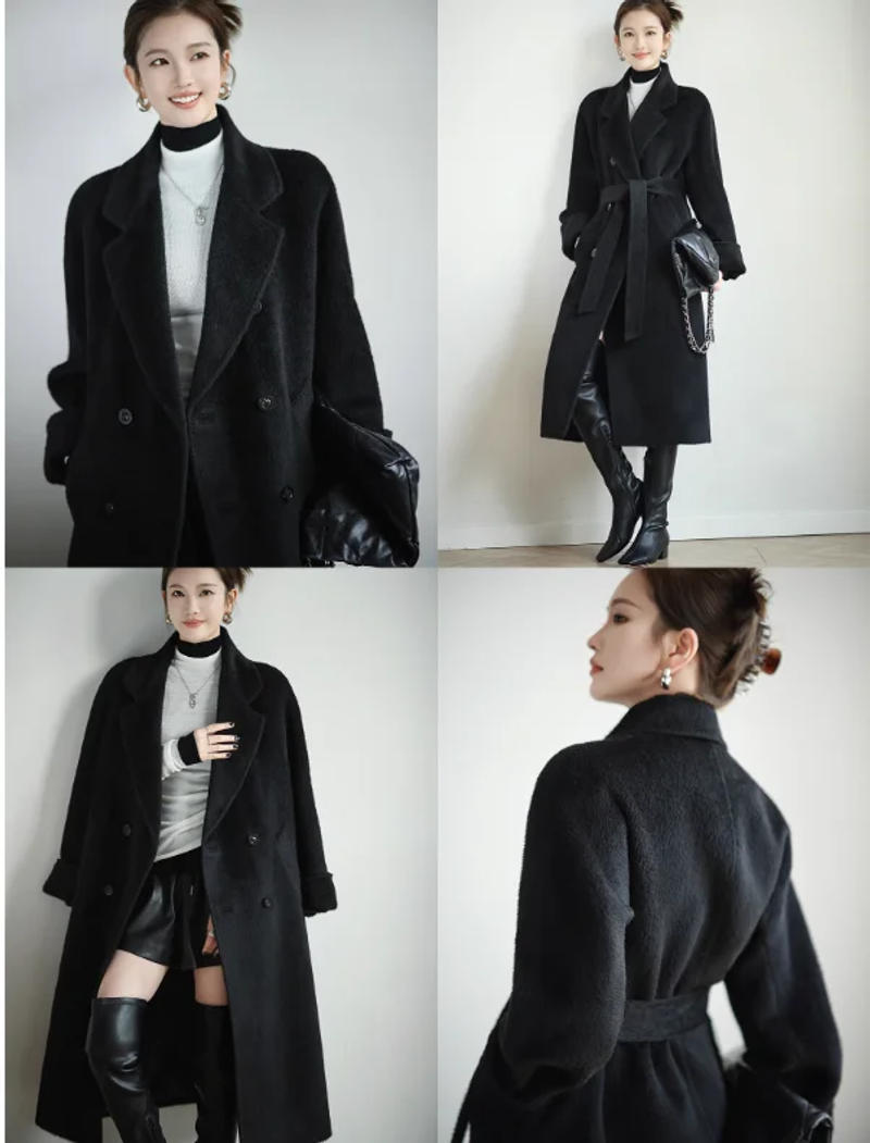 Description Picture 3 of itemCotvotee Alpaca Wool Coat Women Autumn Winter 2023 Vintage New Double Breasted New Jacket Casual Turn Down Collar Long Coats