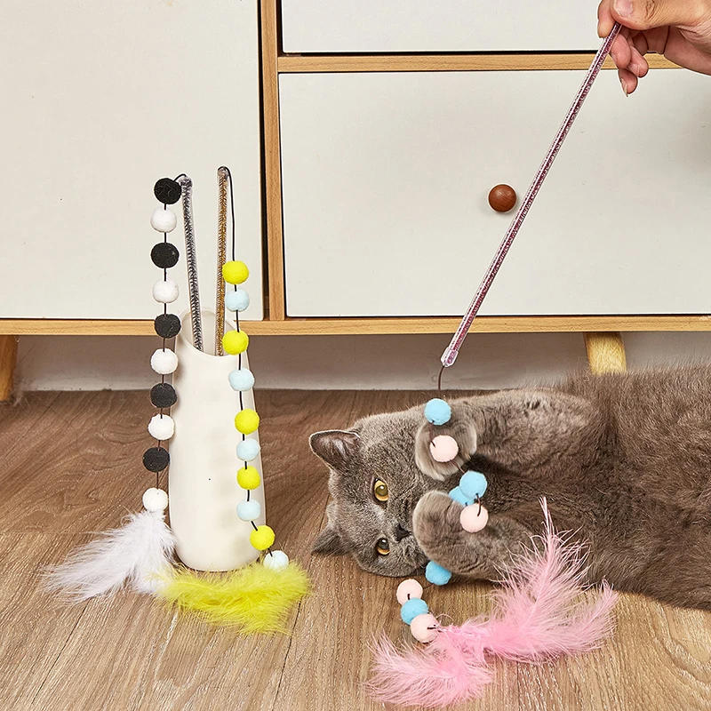 Description Picture 2 of itemCat Toy Pompom Cat Toys Interactive Feather Toys for Cats Teasing Durable Cats Toy Playing Stick Plush Ball Pet Supplies