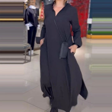 2024 Spring Lady Long Sleeve Loose Maxi Dress Female Casual Solid Color Pullover Pocket Dress New Autumn Women V Neck Long Dress