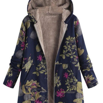 Autumn and Winter New Cotton and Hemp Coat Women's Vintage Warm Printing Pocket Thickened Zipper Hooded Coat Coat Coat