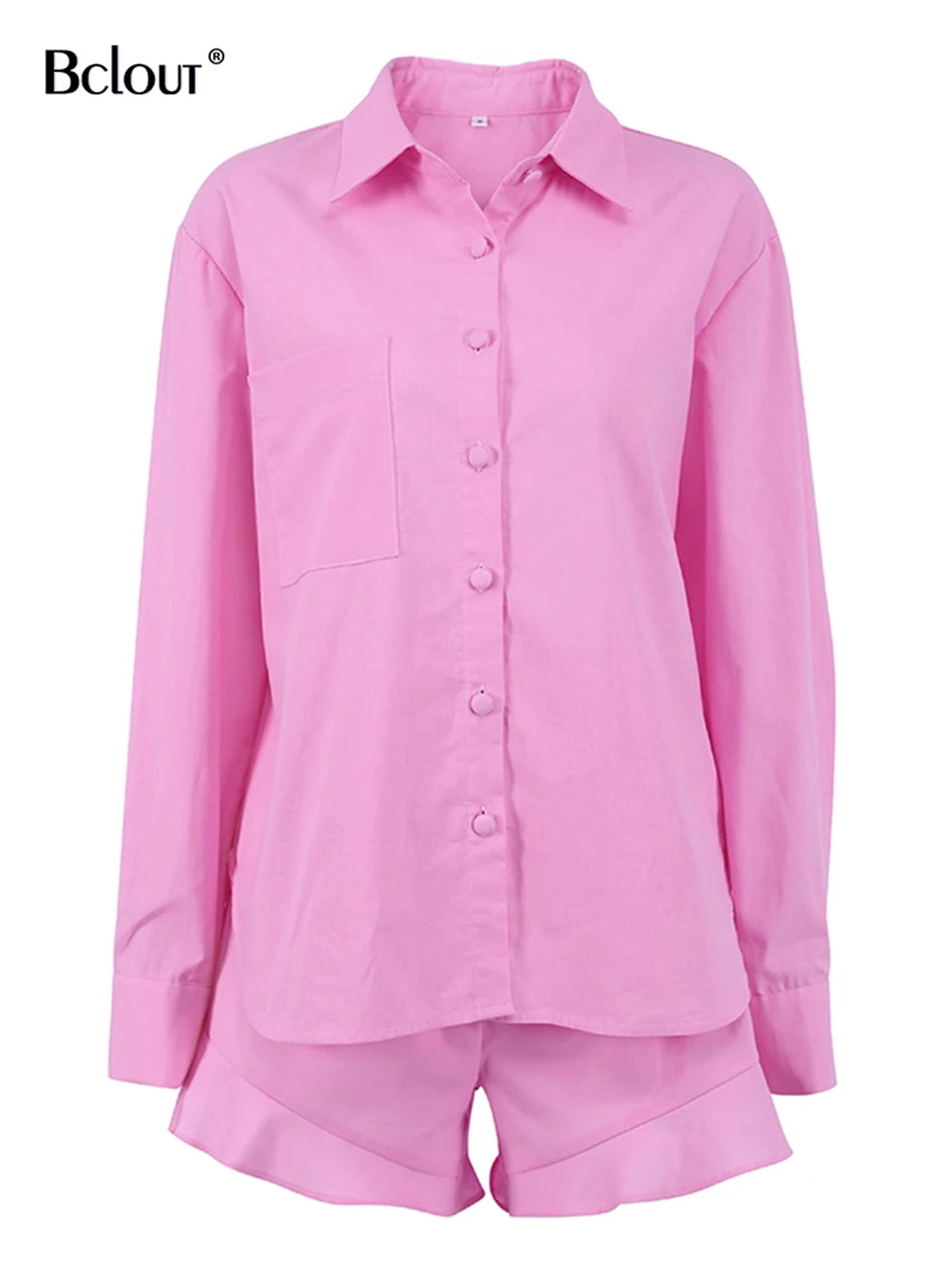 Description Picture 4 of itemBclout Linen Shorts Suit Women Summer Long Sleeve Shirts Orange Elastic Waist Ruffle Shorts Sets 2 Pieces Woman Outfits Vacation