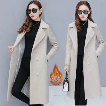 Female Woolen Coat Velvet 2023Women's Double-Breasted Woolen Coat Spring And Autumn Woolen Coat Fashion Suit Collar Thick Trench