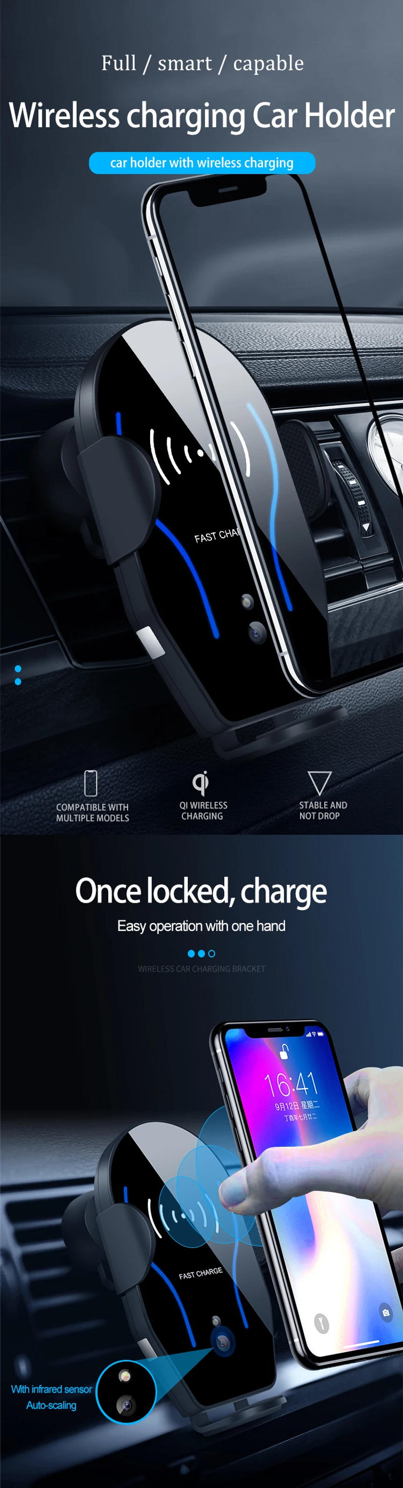 Description Picture 2 of itemCar Wireless Charger Infrared Smart Sensor Fast Charge Micro Type-c Interface iPhone Samsung Google Mobile Phone Holder Anker