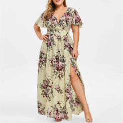 2023 Arrival Women Summer Dresses Flutter Short Sleeves V Neck Long Dresses Bohemian Floral Print Resort Style Side Slit Dress