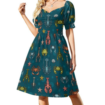 Lobsters Print Dress Blue and White Pretty Dresses Ladies Short Sleeve Street Fashion Casual Dress V Neck Big Size Vestidos