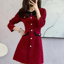 Women Red Chenille Chic Bow Collar Mini Dress Autumn Winter Korean Vintage Hepburn Black Dress 2023 Elegant Bodycon Party Dress