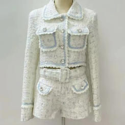 2023 Autumn Winter New Y2K Style Heart Shaped Button Tweed Short Coat Jacket + High Waist Shorts Suit Women Two Piece Sets