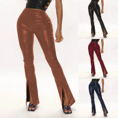 Women Leather Pants Women's Sexy PU Leather PantsClassic High Waist Elastic Flare Pants Slit Large Pants Club Shorts Women