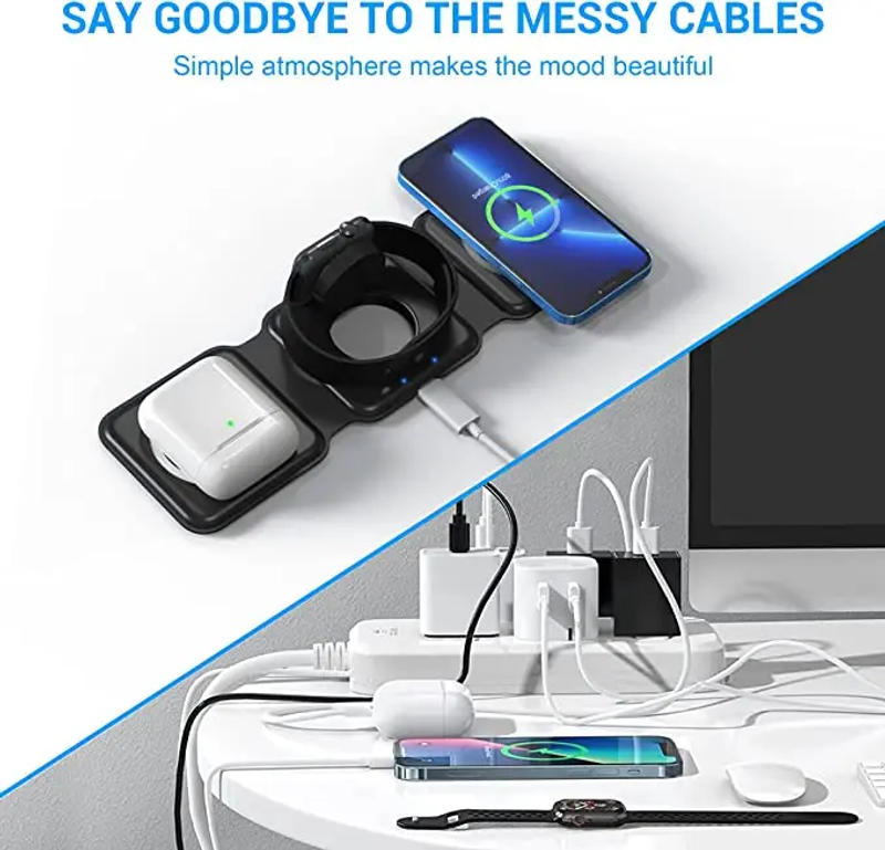 Description Picture 6 of item15W Foldable Wireless Charger Pad 3 in 1 Magnetic Fast Charging Station for iPhone 15 14 13 12 11 XR X 8 Apple Watch Airpods Pro