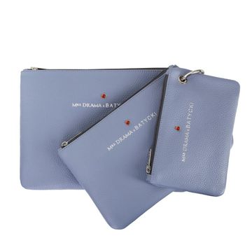 A set of three MRS DRAMA x BATYCKI mousse azure leather cosmetic bags