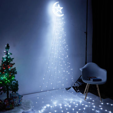 Christmas 350 LED String Lights Waterfall Moon Star With Topper 8 Modes Timer Lighting for Indoor 