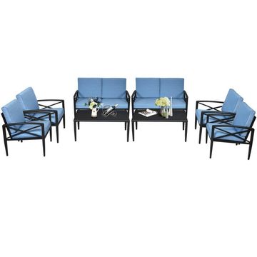 Goplus 8PCS Patio Furniture Set, Aluminum Frame, Cushioned Sofa, Coffee Table, Blue
