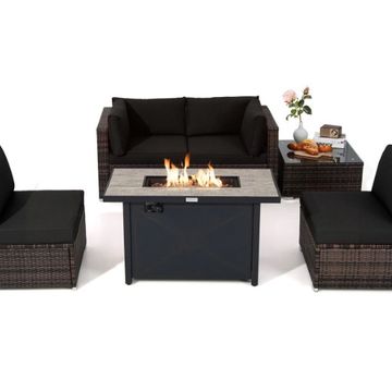 Goplus Patiojoy 6PCS Patio Furniture Set Rattan Cushioned Sofa Gas Fire Pit Table Black