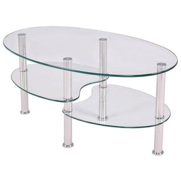 Goplus Tempered Glass Oval Side Coffee Table Shelf Chrome Base Living Room Clear Black Modern Coffee Table