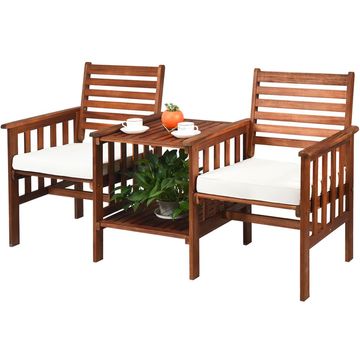 Goplus Patio Loveseat Set Acacia Wood Chair Coffee Table Cushioned Umbrella Hole