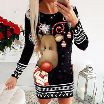 Women's Fashion Loose Autumn Winter Long Sleeve Sweater Mini - Evening Party - Dress With Christmas Print 2021 