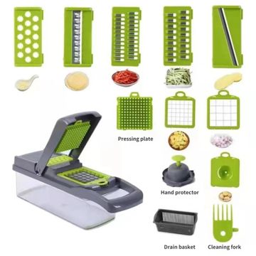 VegMaster Pro: 12-in-1 Multifunctional Vegetable Slicer Cutter - Green Black Design with Basket for Effortless Shredding