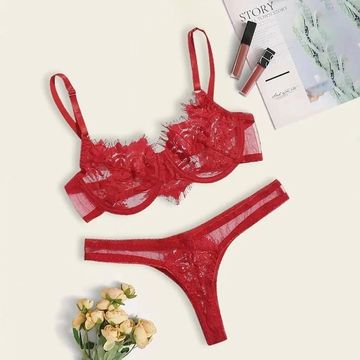 Christmas 2-Piece Lingerie Set with Steel Ring Bra - Women's Floral Transparent Lace Bra and Panty Ensemble