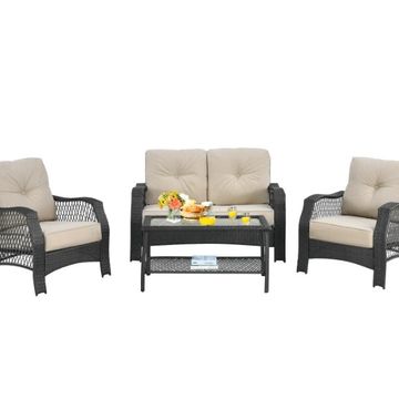 Goplus Patiojoy 4PCS Patio Wicker Furniture Set Loveseat Sofa Coffee Table W/ Cushion