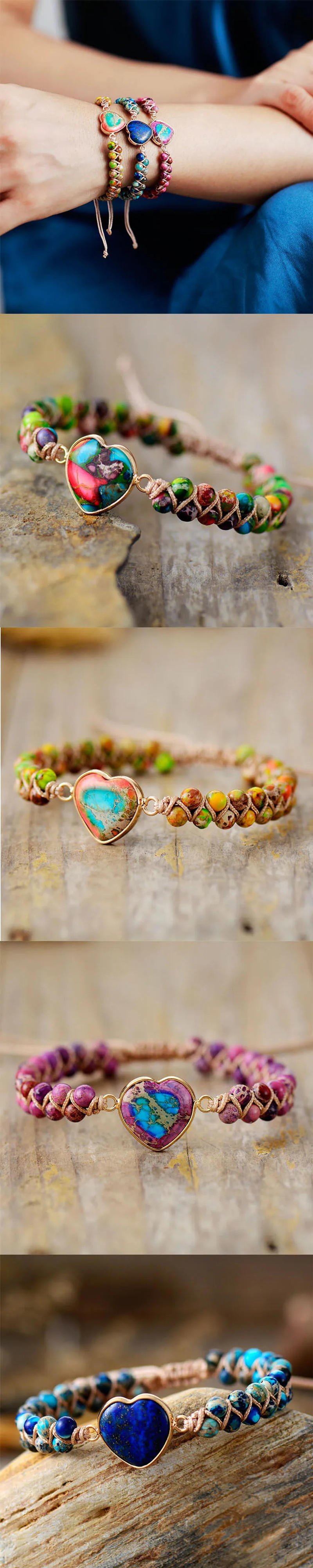 Description Picture 6 of itemNatural Stone Heart Charm Macrame Bracelets: Jasper Friendship Wrist Wrap Jewelry