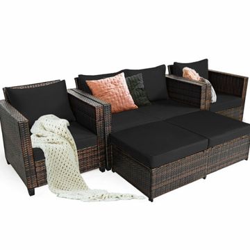 Goplus Patiojoy 5PCS Patio Rattan Furniture Set Loveseat Sofa Ottoman Cushioned Black