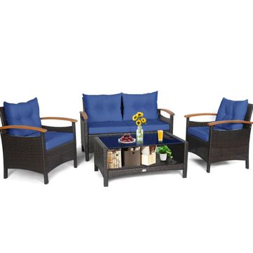 Goplus Patiojoy 4PCS Patio Rattan Furniture Set, Cushioned Sofa, Storage Table, Navy