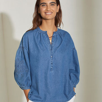 100% COTTON EMBROIDERED MAO-NECK SHIRT INDIGO