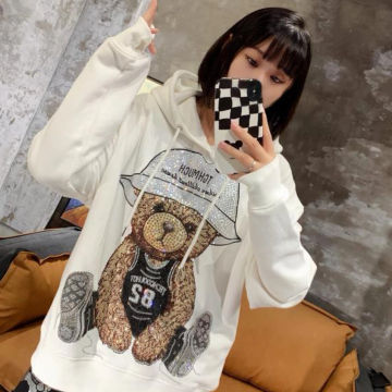 New Spring Autumn White Hooded Sweatshirt Large Hat Bear Rhinestone Full Diamond Casual Men Women Trendy Big Wings Sweatshirts