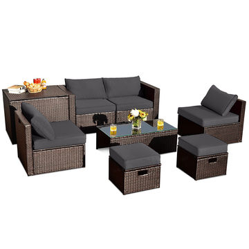 Goplus Patiojoy 8PCS Patio Rattan Furniture Set Space-Saving Storage Cushion Grey