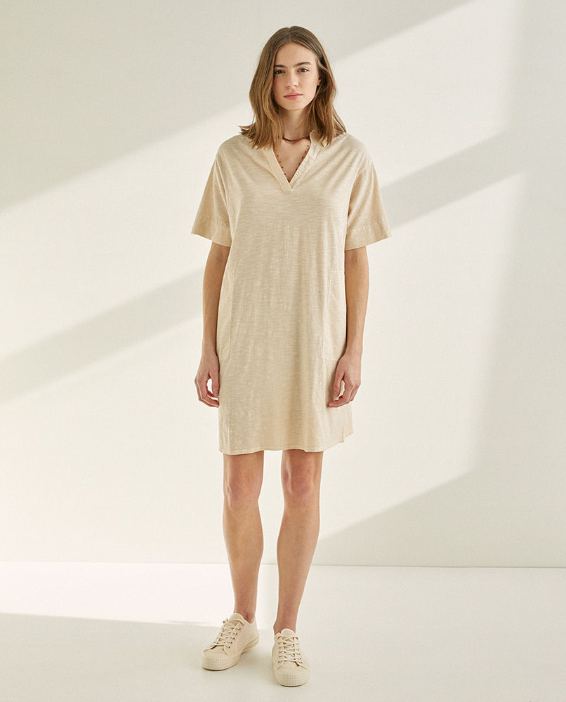 TWO-MATERIAL V-NECK DRESS BEIGE