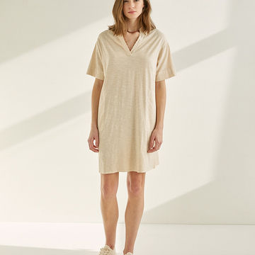 TWO-MATERIAL V-NECK DRESS BEIGE