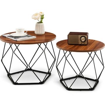 Goplus Costway Round Coffee Table Set of 2 Modern Accent Side Table w/ Steel Base Rustic Brown