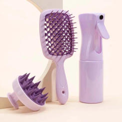 3Pcs/set Beauty Tool Wide Teeth Scalp Massage Combs Set Wet Dry Use 200ML Spray Bottle Silicone Shampoo Hair Brush Purple