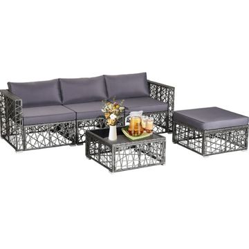 Goplus Patiojoy 5 Pieces Patio PE Rattan Wicker Sofa Furniture Set Cushioned Outdoor Grey